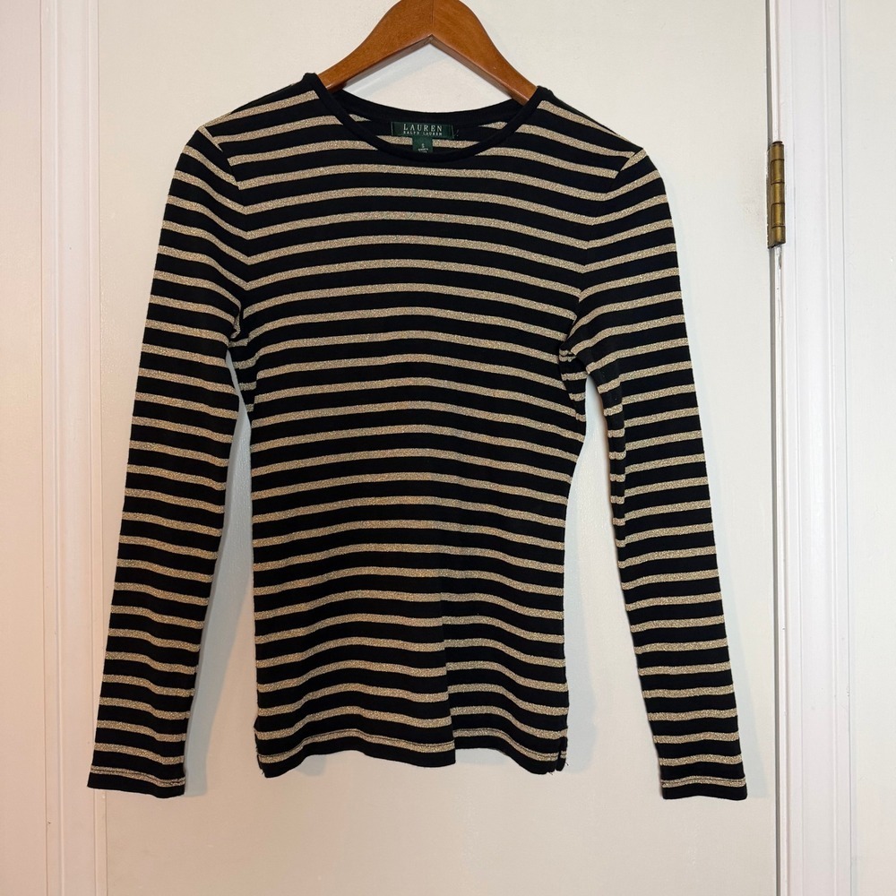 Lauren Ralph Lauren Black and Cream Striped Long Sleeve Crewneck Top
